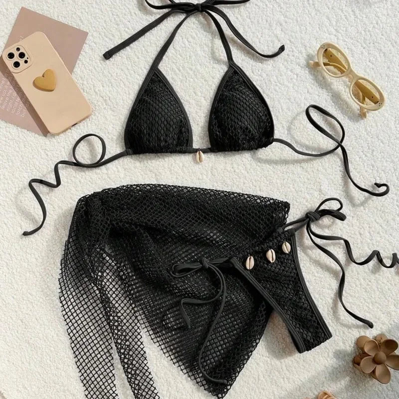 Sexy 3-teiliges Brazilian Bikini Set – Damen Push-Up Badeanzug mit Strandrock & Low-Waist Slip